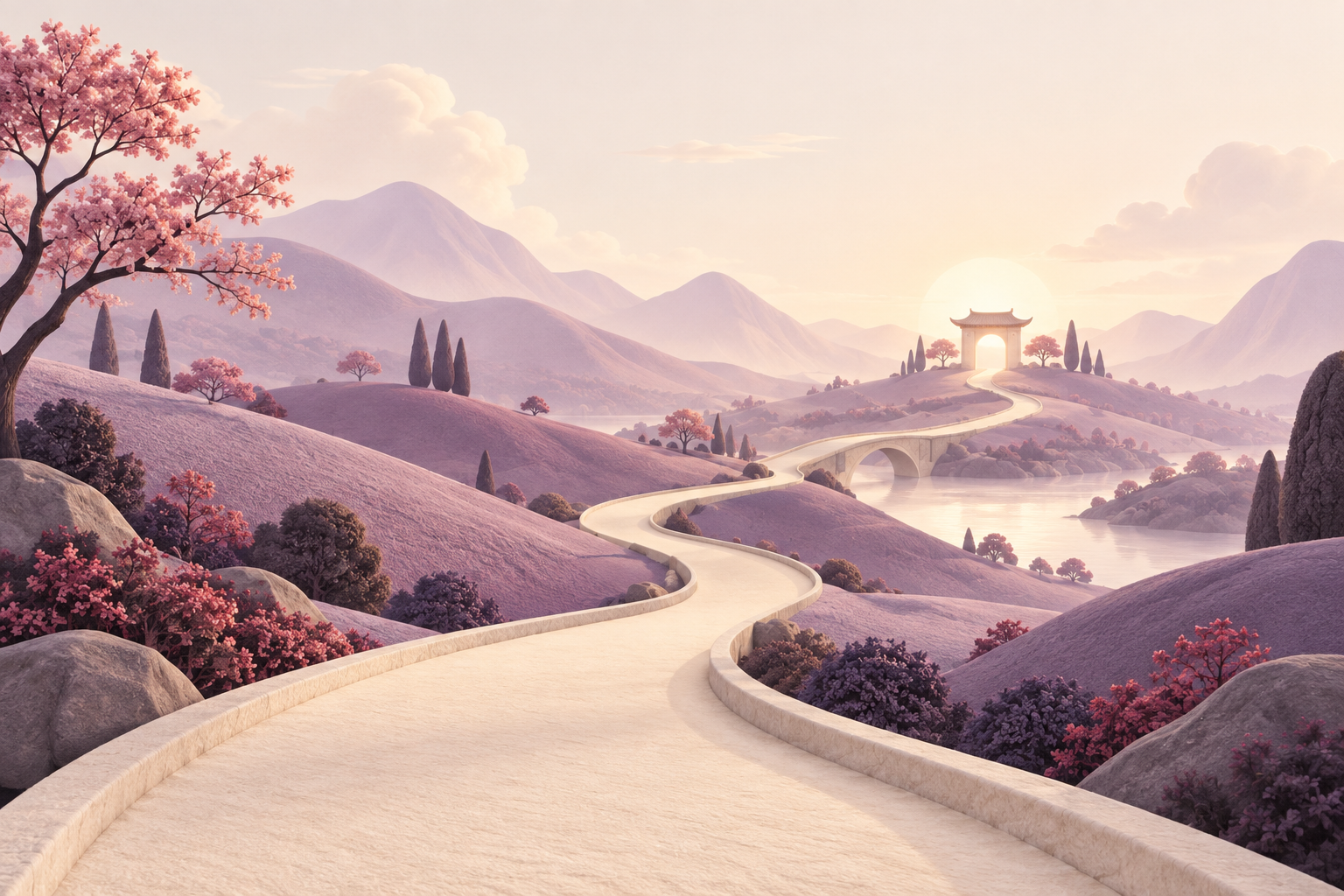 A winding ivory road through soft lavender hills toward a welcoming arch on the horizon.